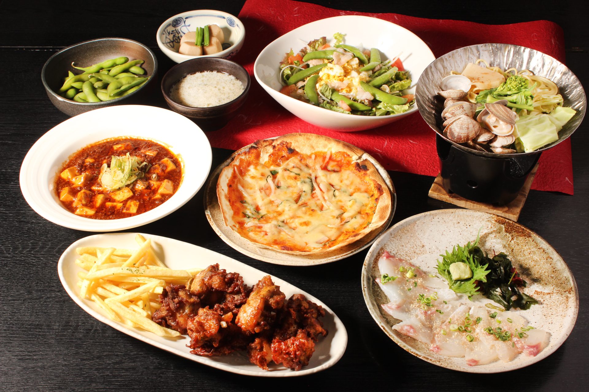 【120分飲放ビール付き】ワイワイ歓送迎会【桜鯛とカンパチの胡麻醤油がけ】大皿料理コース