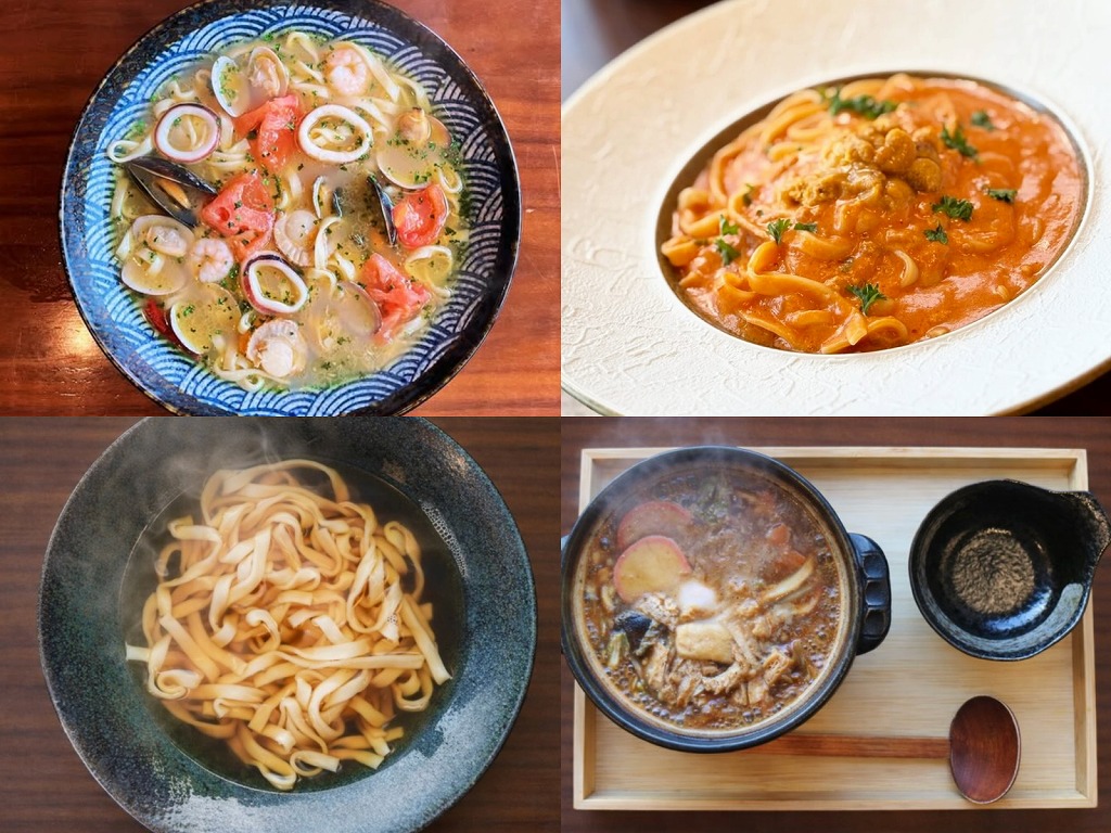 （左上）和だしペスカトーレうどん、（右上）雲丹トマトクリームうどん、（左下）素うどん　800円、（右下）味噌煮込みうどん　1,890円